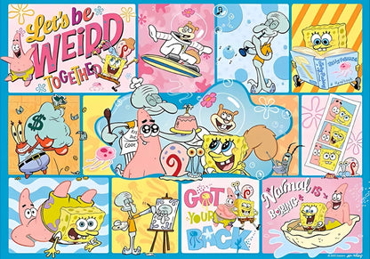 Full illustration of the completed SpongeBob Joyful puzzle with vibrant scenes and fun quotes like "Let's be weird together".