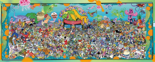 Completed puzzle image showing a colourful SpongeBob crowd scene underwater