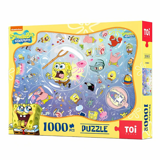 Front packaging of SpongeBob SquarePants 1000-piece puzzle with cartoon bubbles and characters
