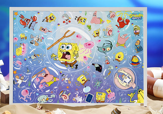 Assembled SpongeBob 1000-piece jigsaw puzzle framed with characters in bubbles against a blue background