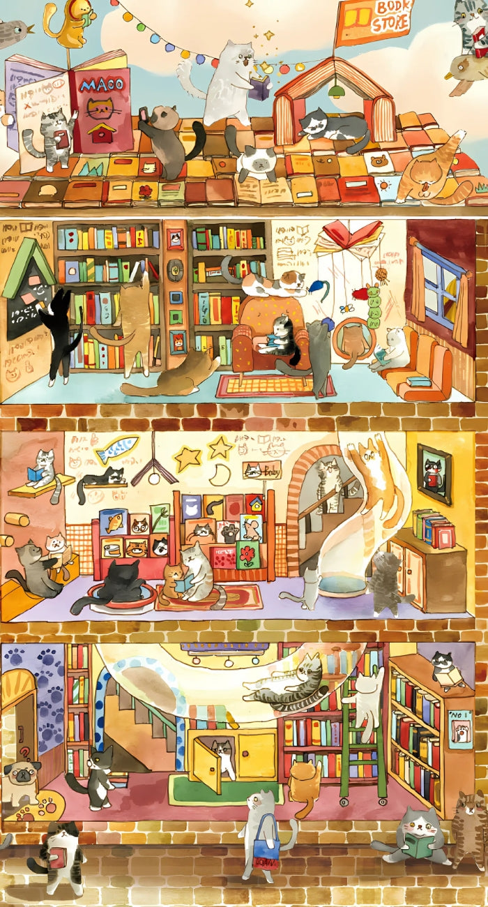 Full illustrated puzzle artwork showing a cat-run library across multiple levels