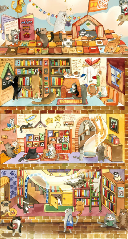 Full illustrated puzzle artwork showing a cat-run library across multiple levels