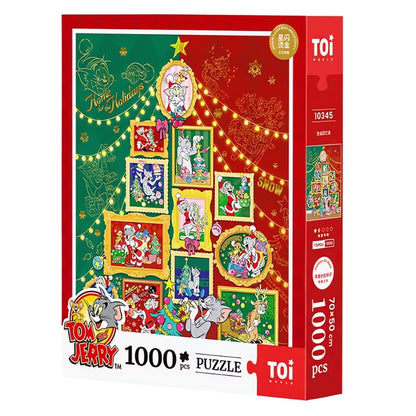 Tom and Jerry Christmas Memoirs 1000-piece puzzle box by TOI with gold foil festive tree design.