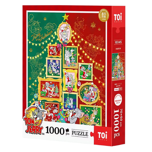 Tom and Jerry Christmas Memoirs 1000-piece puzzle box by TOI with gold foil festive tree design.
