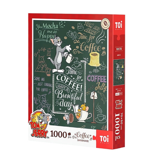 Tom and Jerry Coffee Time 1000-piece puzzle box by TOI with chalkboard-style coffee design.