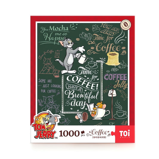 Full artwork of the Coffee Time puzzle with Tom and Jerry and playful coffee quotes on a dark green background.
