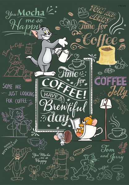 Coffee Time puzzle artwork with Tom and Jerry and chalkboard illustrations featuring coffee quotes.
