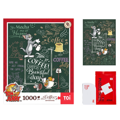 Puzzle set showing Coffee Time puzzle, red TOI box, glue, and completed image.