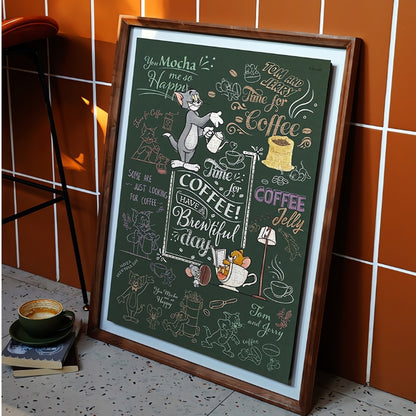 Framed Coffee Time puzzle leaning against a tiled wall, styled as coffee-themed decor.