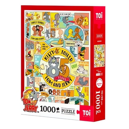 Tom and Jerry Our Memories 1000-piece puzzle box by TOI featuring colourful retro-style cartoon scenes.