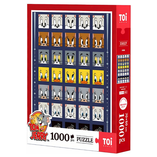 Front box view of TOI’s 1000-piece Tom and Jerry puzzle featuring classic cartoon faces in a grid.