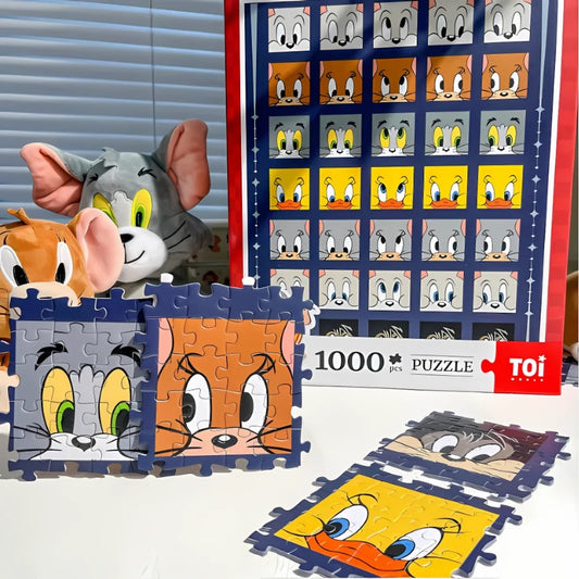 Close-up of puzzle pieces showing Tom, Jerry, and Daffy Duck’s faces, with soft toys in the background.