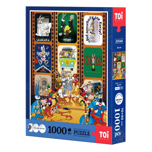 Tom and Jerry Series Starlit Night 1000-piece puzzle box by TOI, featuring classic cartoon scenes in a filmstrip design.