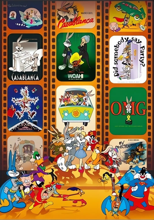 Close-up of the Starlit Night puzzle illustration showing Tom, Jerry, Bugs Bunny, and other Looney Tunes characters in parody