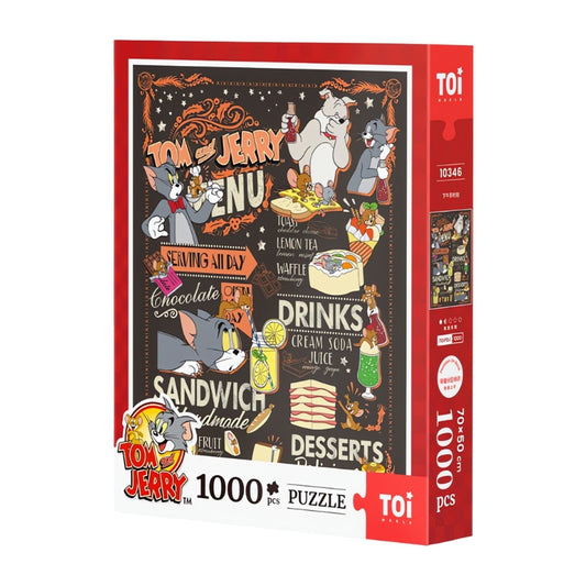 Tom and Jerry Tea Time 1000-piece puzzle box by TOI featuring a chalkboard-style menu design with snacks and drinks.