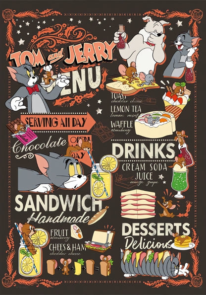Close-up of the Tea Time puzzle showing playful food items and chalk lettering with Tom and Jerry.