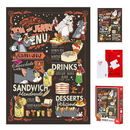 Tea Time puzzle set flat lay with completed puzzle, red TOI box, and glue packet.