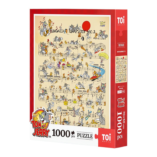 Tom and Jerry Hungarian Rhapsody No. 2 1000-piece puzzle box by TOI with musical score and cartoon scenes.