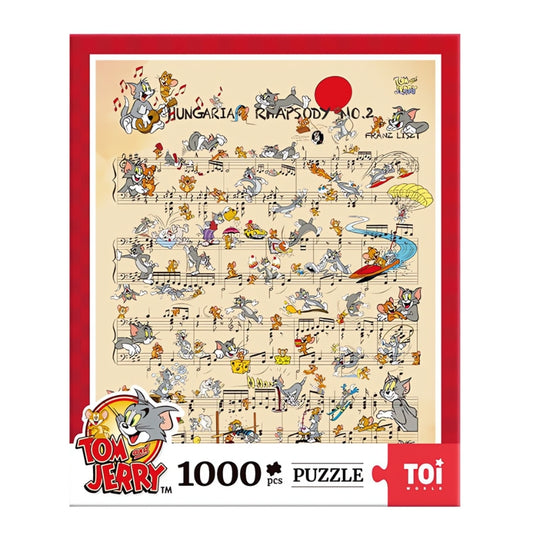 Tom and Jerry Hungarian Rhapsody No. 2 1000-piece puzzle box by TOI with musical score and cartoon scenes.