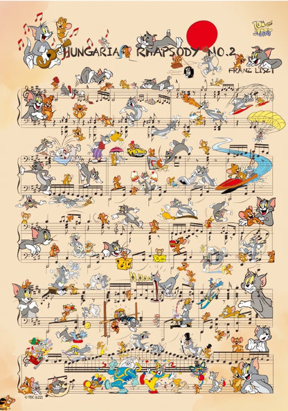 Full illustration of the puzzle with Tom and Jerry performing antics across sheet music bars.