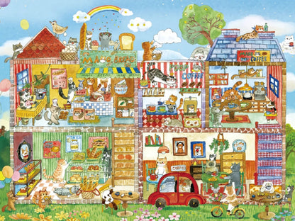 Full artwork of the Café Paws & Whiskers puzzle showing adorable cats baking, brewing, and dining.