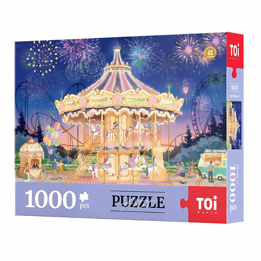 TOI Starlit Carousel puzzle box featuring a glowing carousel with fireworks in the background.