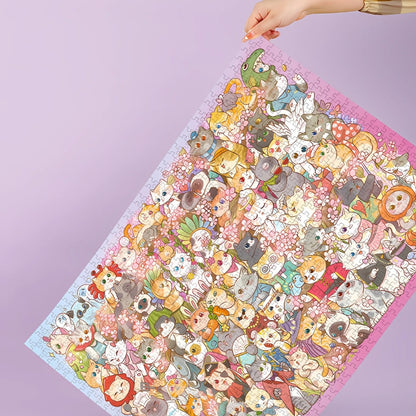 Hand holding up the completed Whisker Wonderland puzzle against a pastel purple background.