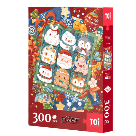 Christmas Cute Gift Box 300-piece puzzle box by TOI featuring festive animal characters on a red background.