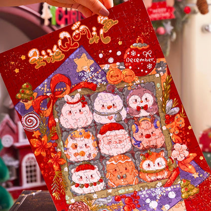 Hand holding the completed Christmas Cute Gift Box jigsaw puzzle with vivid Christmas-themed illustration.