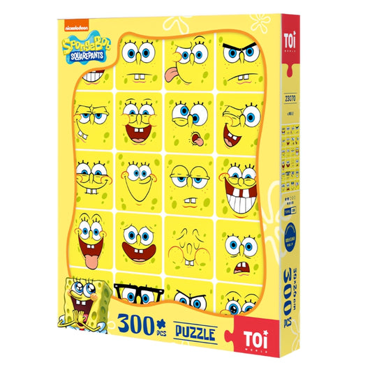 TOI SpongeBob Mood Diary 300 piece puzzle box featuring multiple expressive SpongeBob SquarePants faces