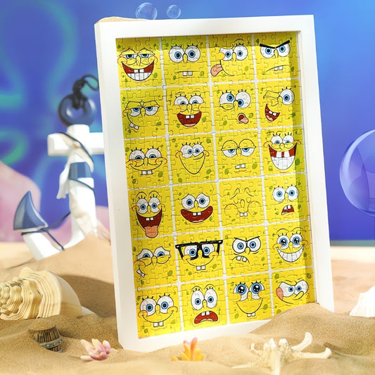 Framed TOI SpongeBob Mood Diary puzzle in beach setting showing 20 unique cartoon facial expressions