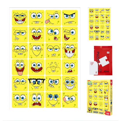 SpongeBob Mood Diary puzzle set with guide sheet, glue, and box showing all SpongeBob expressions