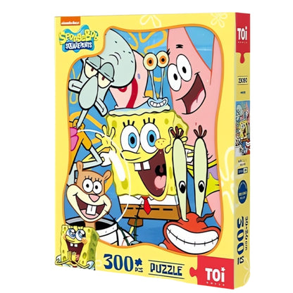 Front packaging of TOI 300-piece SpongeBob SquarePants puzzle featuring main characters in a group photo.
