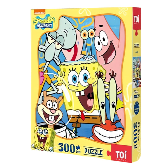 Front packaging of TOI 300-piece SpongeBob SquarePants puzzle featuring main characters in a group photo.