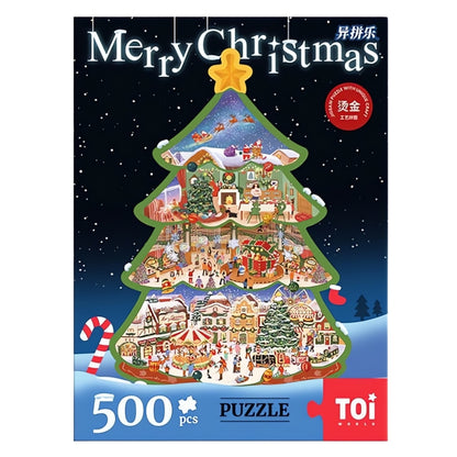 Full artwork of Christmas Town puzzle shaped like a Christmas tree with snowy holiday scenes.