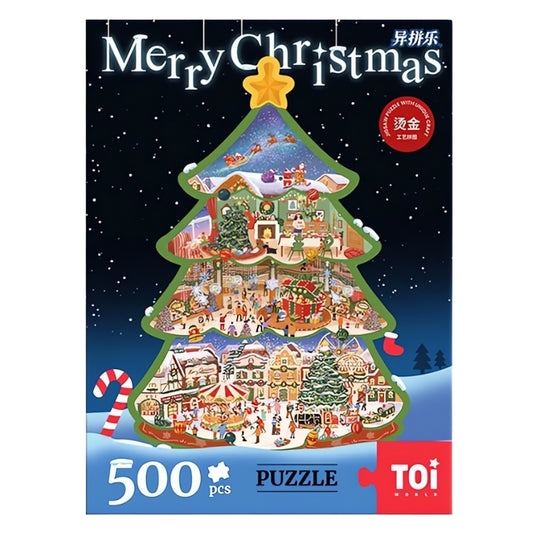 Full artwork of Christmas Town puzzle shaped like a Christmas tree with snowy holiday scenes.