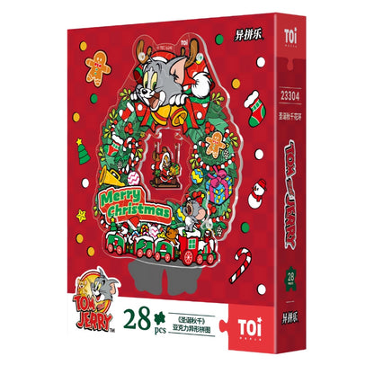 Red TOI puzzle box for the Tom and Jerry Christmas Swing Wreath acrylic puzzle with 28 pieces and festive graphics.