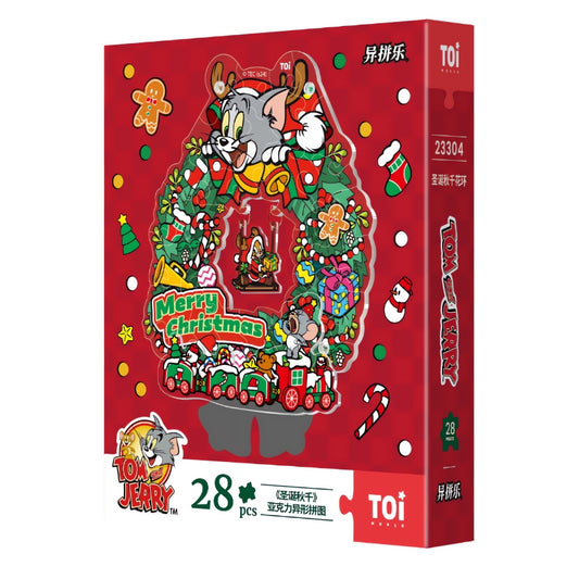 Red TOI puzzle box for the Tom and Jerry Christmas Swing Wreath acrylic puzzle with 28 pieces and festive graphics.
