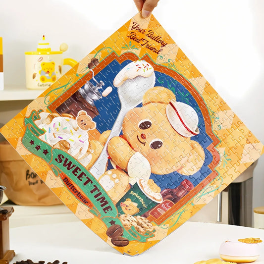 Assembled Butterbear Sweet Time puzzle being held up by hand, showing completed design.