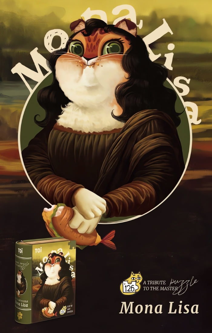 Mona Lisa cat artwork close-up with fish sandwich and matching Cat Art Puzzle box.