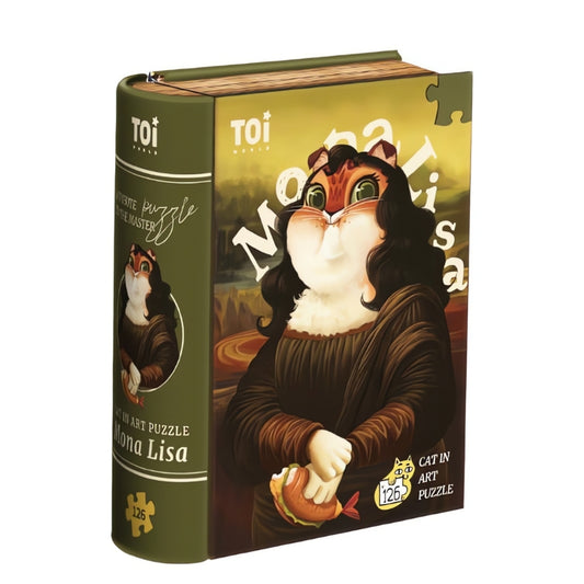 Book-style box for Cat Art Puzzle – Mona Lisa by TOI, with a cat parody of the famous portrait.