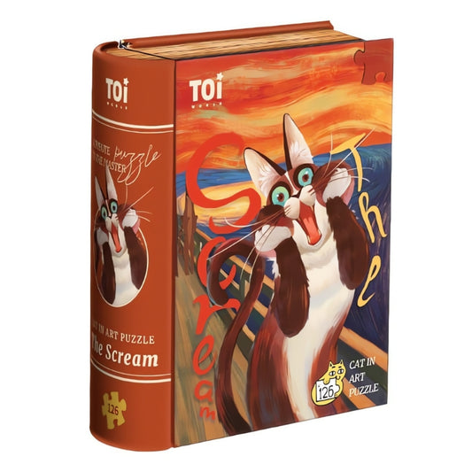 Book-style metal box for Cat Art Puzzle – The Scream, with a parody illustration of a cat in Edvard Munch’s iconic paint.