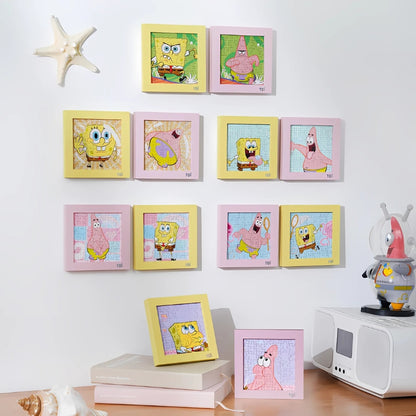 All 12 SpongeBob mini puzzles arranged on a wall with colourful frames, showing the full regular and hidden set.