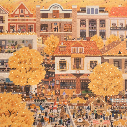 Completed Autumn Day puzzle featuring a vibrant autumn town square.