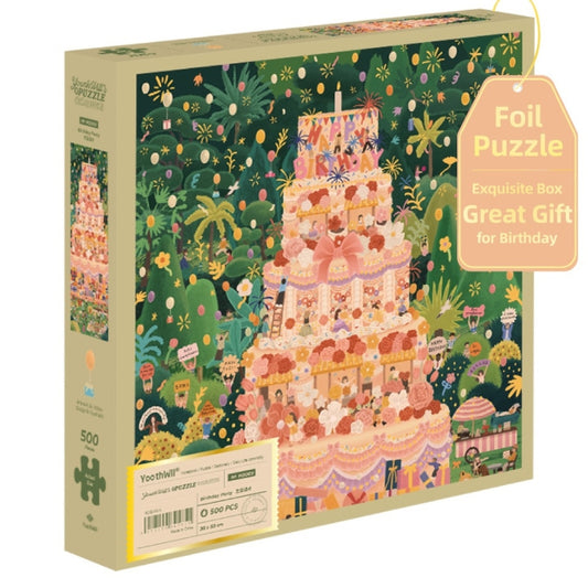 Product box of Youthwill Birthday Party 500 piece foil jigsaw puzzle.
