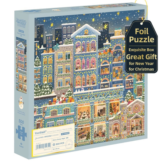 Product packaging of Youthwill Merry Snowy Night 500 piece foil puzzle.