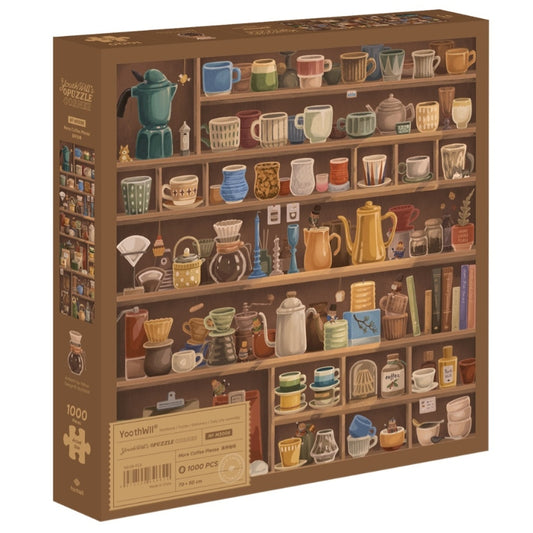 Product box of Youthwill More Coffee Please 1000 piece jigsaw puzzle featuring coffee mugs and brewing tools.