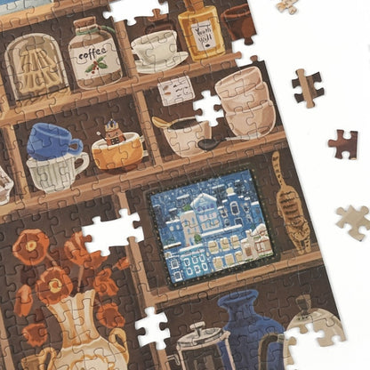 Puzzle detail showing cups, jars, and small framed artwork.