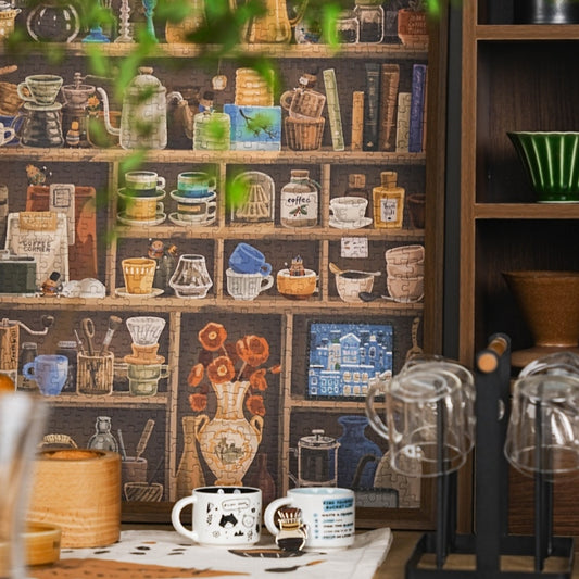 Completed puzzle framed on a table, showing illustrated coffee shelves.