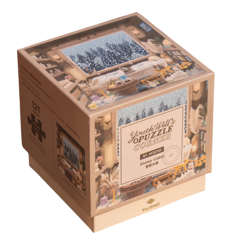Box of Youthwill Snowy Cabin mini puzzle showing winter cabin artwork.